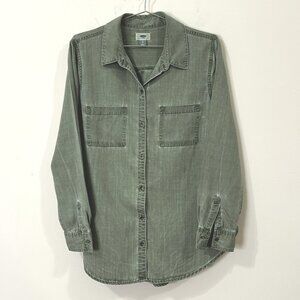 OLD NAVY Womens Tunic Top L Green Long Sleeve Soft Washed Tencel Button Up Shirt